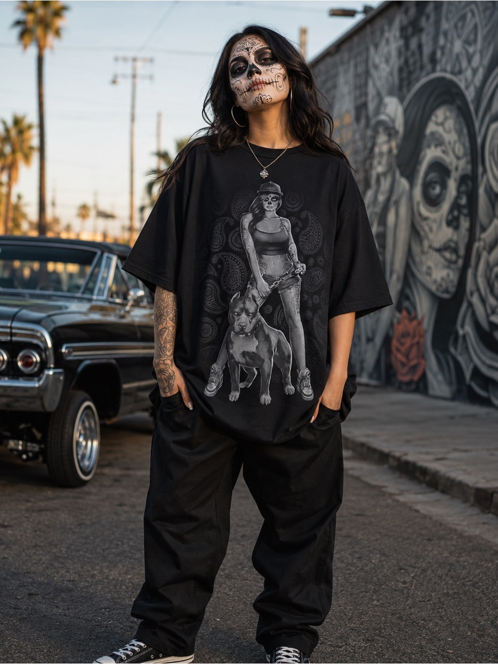 Black Sugar Skull Woman Pit Bull Graphic Tee XL